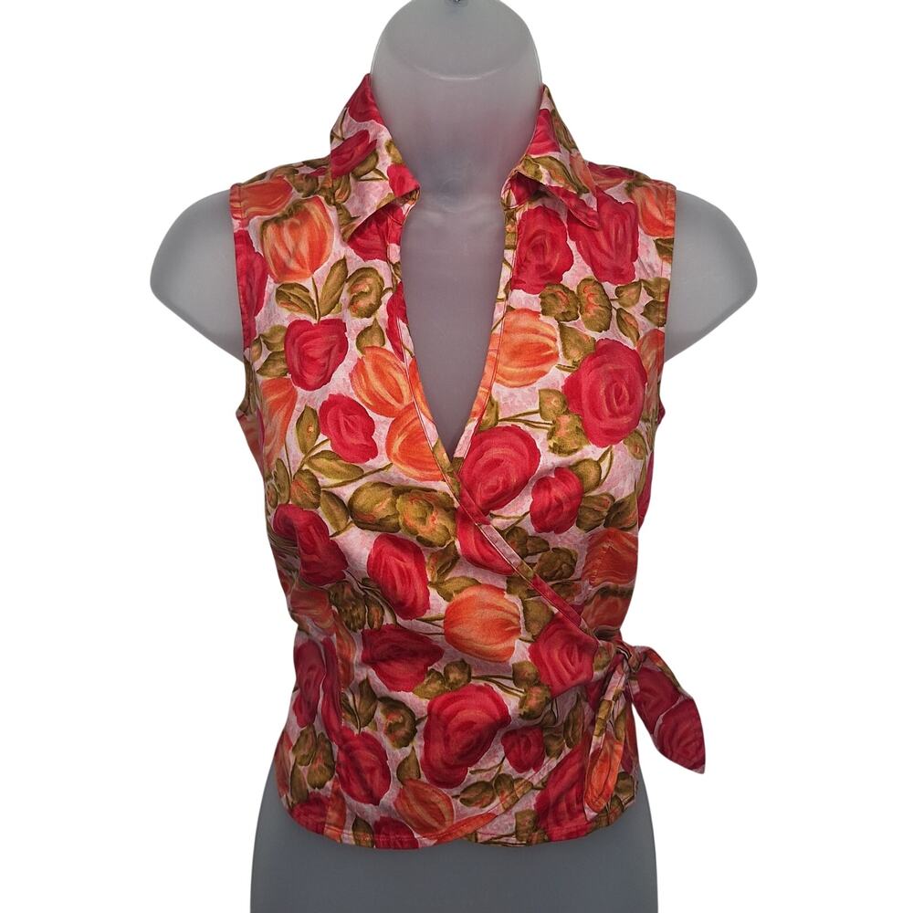 Ann Taylor Floral Wrap Sleeveless Blouse in Pink, Red, Orange